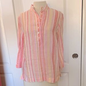 Brooks Brothers Pink, Coral, Tan, Yellow & White Striped 100% Linen Shirt Size 4